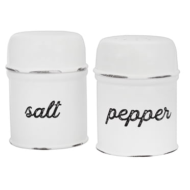 AuldHome Salt and Pepper Shaker Set (White); Rustic Enamelware Retro Vintage Style Shaker Set