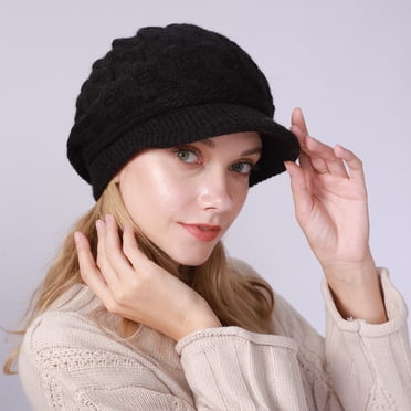 Tuque d'Hiver Femme Tuque avec Visière Femme Béret Bonnet Béret Chaud Tuque Tricotée d'Hiver Doublée en Molleton pour Femme