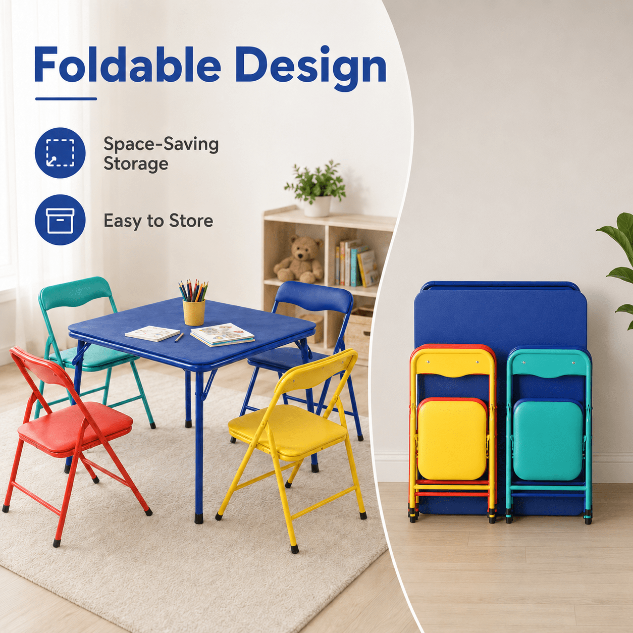 Homy Casa 5-Piece Preschool Activity Table Set, Foldable 24-Inch Kids Table with 4 Colourful Steel Frame Chairs