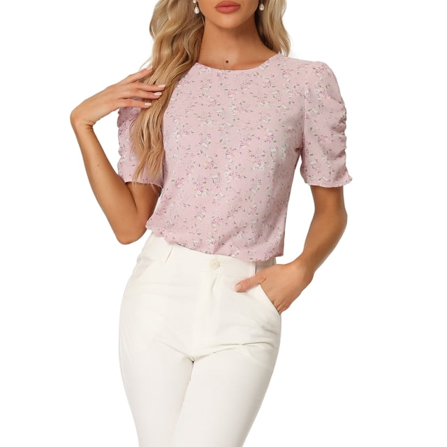 INSPIRE CHIC Hauts Froncés pour Femmes Col Rond Manches Courtes Dos Goutte d'Eau Blouse Florale S Rose Floral