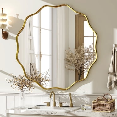 BEAUTYPEAK Miroir Rond Ondulé de 24 Pouces pour Salle de Bain, Décoration Murale avec Cadre Profond, Or