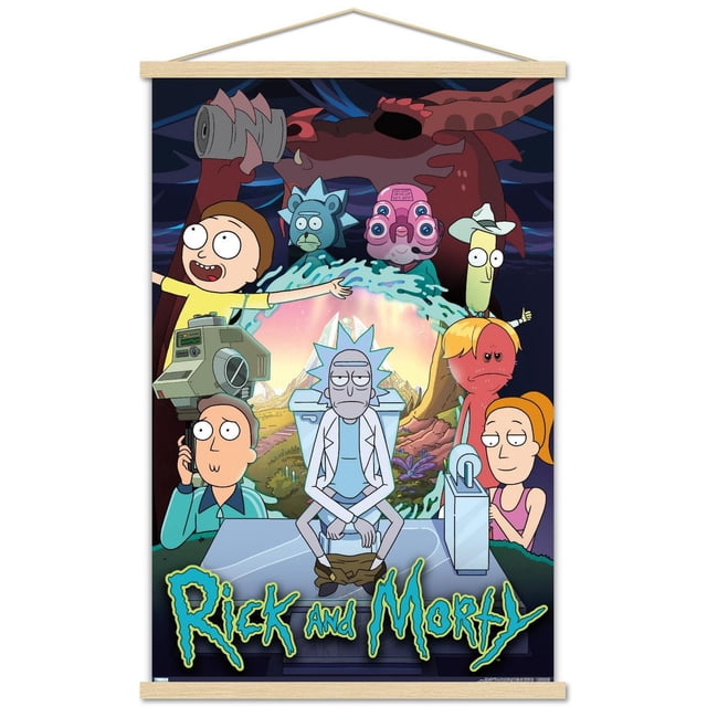 Rick And Morty - Affiche Murale de Groupe Saison 4, 14,725 Pouces x 22,375 Pouces Mettant en Vedette des Personnages Principaux de la Série Animée, Y Compris Rick Assis sur une Toilette avec Pantalon Baissé, Morty avec les Bras Ouverts, Jerry au Téléphone et d'Autres Personnages dans un Arrière-Plan sci-fi vibrant avec un Portail Lumineux et un Paysage d'Alien, Imprimée sur Papier d'Affiche Lustré, Idéale pour l'Art Mural et la Déco