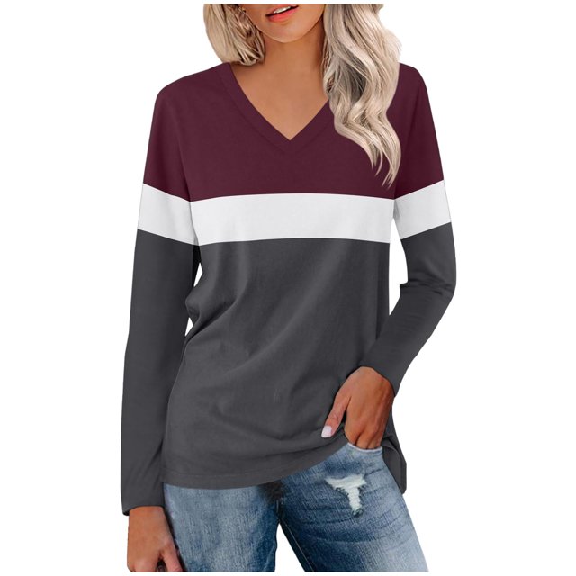 Pisexur Femmes Sweat à Capuche Mode Color Block Patchwork V Col Sweat-Shirts Décontractés à Manches Longues pour les Femmes Sweat-Shirt Oversize Léger Fluide pour les Femmes Pull Tops