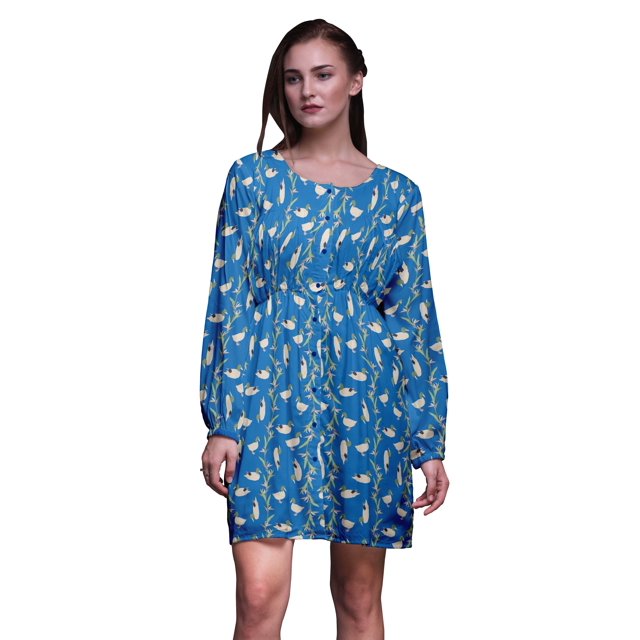 Bimba Chemise Midi Droite à Boutons pour Femmes à Feuilles Bleues et Canard Colvert, Chemise d'Été Décontractée Tunique-Moyen