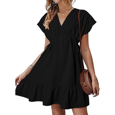 Gspmoly Robes pour Femmes, Robes pour Femmes à Manches Courtes Col en V à Cordon Décontractées à Volants Coupe Trapèze Mini Robe Robes de Soirée pour Femmes Offres des Fêtes