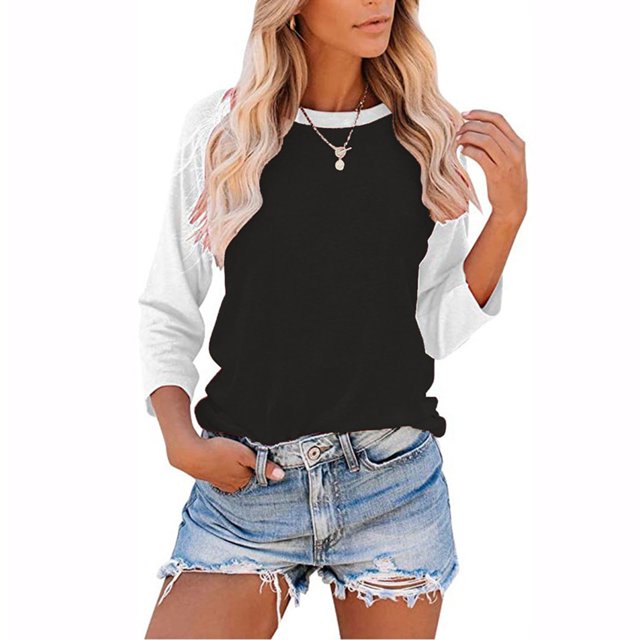 QTBIUQ Blouse Décontractée pour Femmes à Col Rond Imprimée à Blocs de Couleur à Manches Trois-Quarts