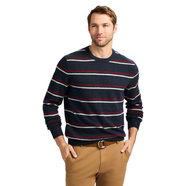 IZOD Chandail à Col Rond Bleu Marine avec Rayures Horizontales Rouges et Blanches, avec Encolure Ras du Cou Côtelée, Poignets et Ourlet, Fabriqué en Mélange Doux Coton-Polyester avec Extensibilité Naturelle pour le Confort et Coupe Classique, Style avec Pantalon Beige et une Ceinture Brune, Convient au Port Décontracté au Quotidien.