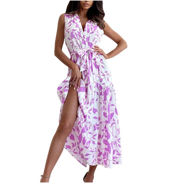 Robes d'Été pour Femmes Sans Manches à Col en V Portefeuille à Boutons Décontractée à Volants à Étages Robe Midi avec Fente
