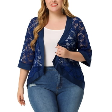 Agnes Orinda Women's Plus Size Lace Crochet Cardigan Casual 3/4 Sleeves Sheer Lightweight Summer Cover Up 3X Blue