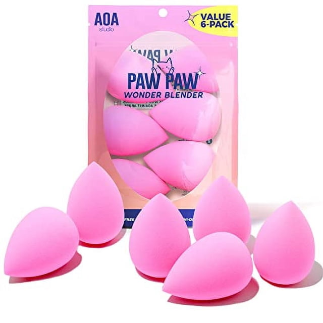 AOA Studio Collection Makeup Sponge Set Makeup Blender, a set of 6 latex-free, high-definition foam makeup sponges in bright pink. These super soft wonder blenders are designed for applying powder, cream, and liquid cosmetics. The image shows the sponges in a teardrop shape, with five displayed in front and one visible through the packaging labeled 'Paw Paw Wonder Blender' with a 'Value 6-Pack' tag.