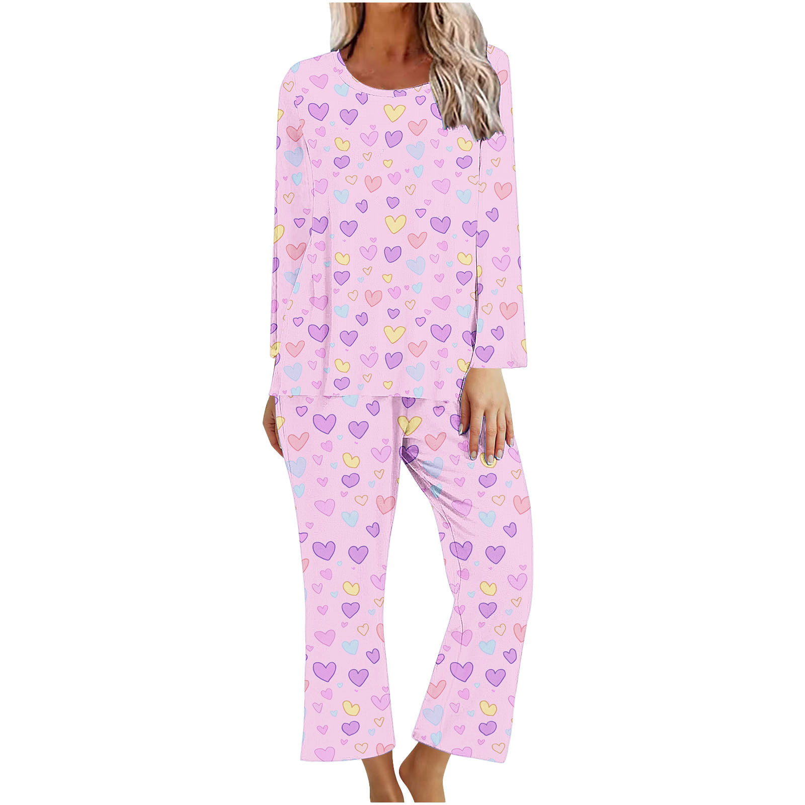 TIMIFIS Valentines Ensembles de Pyjamas pour Femme Mignon Imprimé Cœur Manches Longues Col Ras du Cou Haut avec Pantalon Ensembles de Pyjama Détente Ensembles de Pyjamas pour Dames