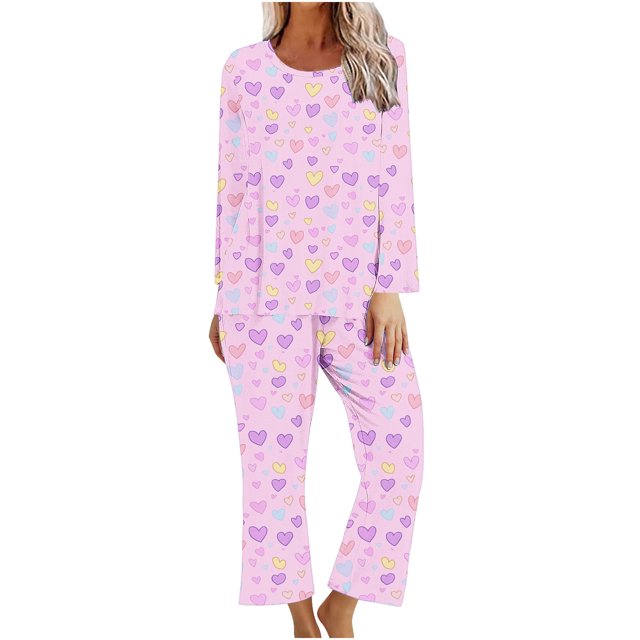 TIMIFIS Ensemble de Détente pour Femmes - Saint-Valentin, Mignon Imprimé de Cœurs, Col Rond, Manches Longues avec Pantalon, Ensembles de Pyjamas - Ensembles de Pyjama pour Femmes 2 Pcs