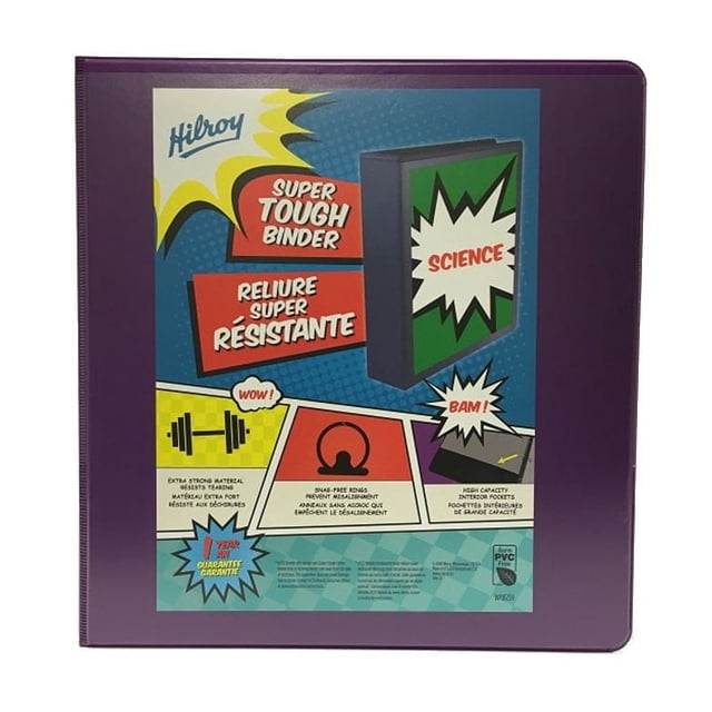 Hilroy Classeur Super Robuste Classeur à 3 Anneaux en Violet avec Étiquette de Style Bande Dessinée Mettant en Valeur un Matériau extra Résistant, Anneaux Sans Accroc pour Prévenir les Désalignements, et Poches Intérieures de Grande Capacité, Convient à la science et à un Usage de Bureau durable.