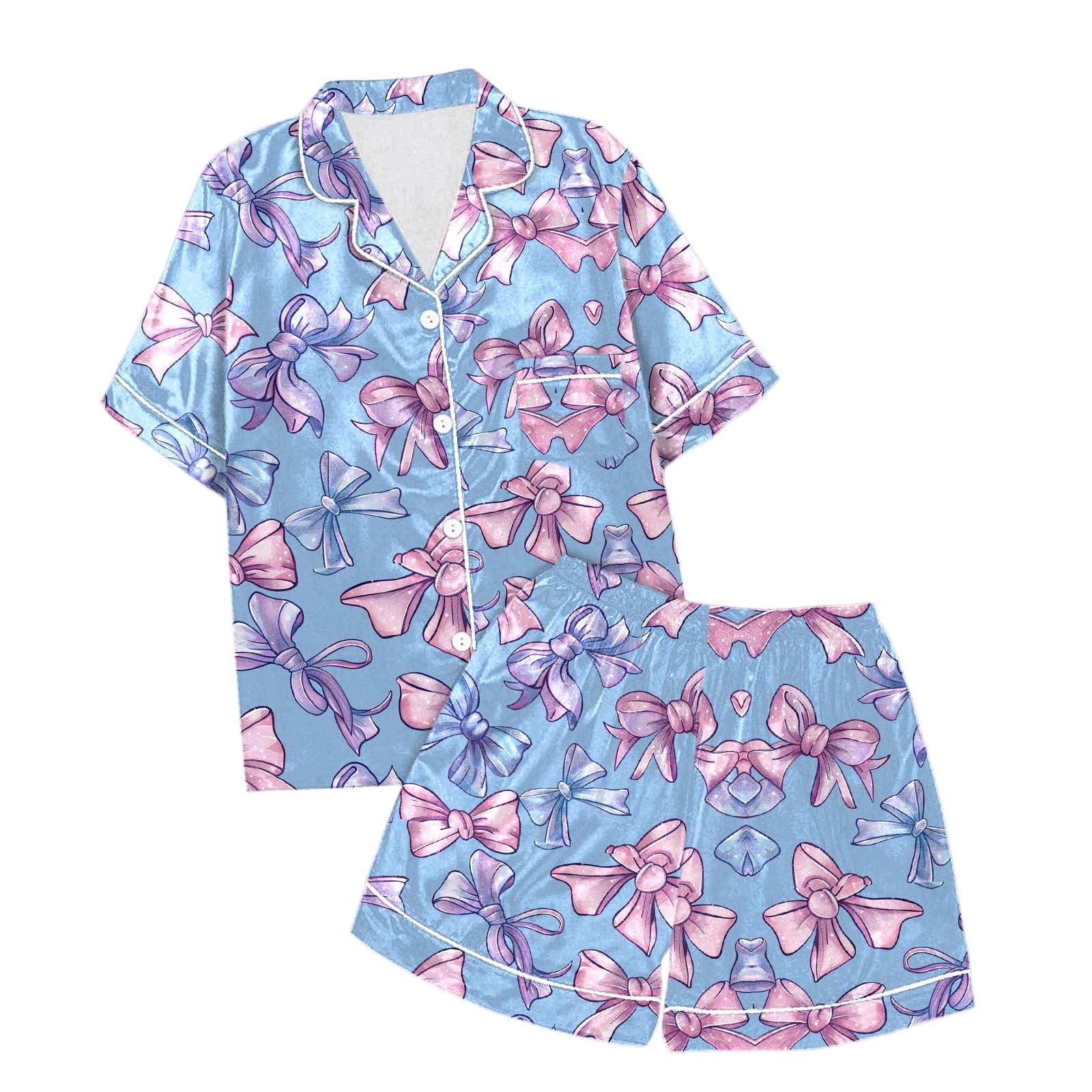 WEAIXIMIUNG Children's Girls Bow Printed Short Sleeve Shorts Two Piece Pajama Set 10-11 Years