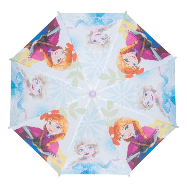 la Reine des Neiges ICE UMBRELLA Montrant une Vue de Haut en Bas d'Un UMBRELLA pour Enfants avec des Panneaux Mettant en Vedette les Personnages de la Reine des Neiges Anna et Elsa. la Canopée en polyester Comprend des Motifs de Flocons de Neige Bleus et de Feuilles Vertes. Elle a un Bouton d'Ouverture Manuel et une Poignée à Crochet en J, Convient aux Petites Mains, Idéale pour les Aventures par Temps de Pluie.