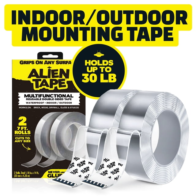 Alien Tape Clear 2 Pack 7Ft Total Waterproof Heavy-Duty Reusable Double-Sided Mounting Tape shown with two rolls of transparent adhesive tape and packaging emphasizing its multifunctional use for indoor and outdoor applications. Designed with advanced nano grip technology, it supports up to 30 lbs and adheres to surfaces like brick, wood, drywall, and glass.