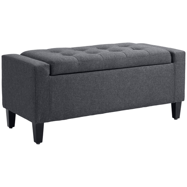 HOMCOM Banc de Rangement, Ottoman Banc avec Tissu Toucher Lin et Dessus Rabattable en Gris Foncé. Présente un design Classique avec un Couvercle Capitonné à Rabat pour un Accès Facile à un Grand Espace de Rangement. Fabriqué avec Tissu polyester Toucher Lin et Supporté par des Pieds en Bois de Caoutchouc Durables. Dimensions : 36,25 Pouces de Large, 15,75 Pouces de Profondeur et 15,75 Pouces de Hauteur. Capacité de Charge : 330 Lb.