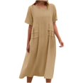 thumbnail image 1 of yoeyez Robes en Coton et Lin pour Femmes pour l'Été, Robes Unies à Col Rond pour Dames, Coupe Ample, Manches Courtes, Robe Midi Décontractée de Plage Évasée, Kaki, 5TG, 1 of 7