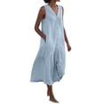 thumbnail image 1 of Cameland Robe Femme Mode Unie Solor à Col en V Sans Manches à Boutons en Coton et Lin, 1 of 5