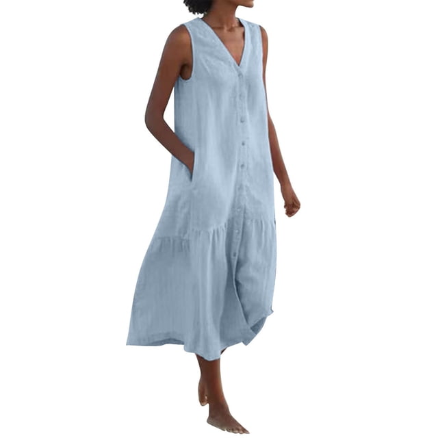 Cameland Robe Femme Mode Unie Solor à Col en V Sans Manches à Boutons en Coton et Lin