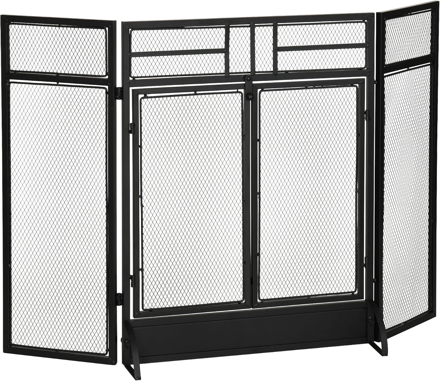 HOMCOM 3-Panel Steel Mesh Fireplace Screen, Decorative Fire Spark Guard Cover with Double Doors, 47x31in, Black