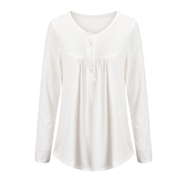 DYMADE Women's Solid Henley V-Neck Blouse Pleated Button Tunic Shirt Top
