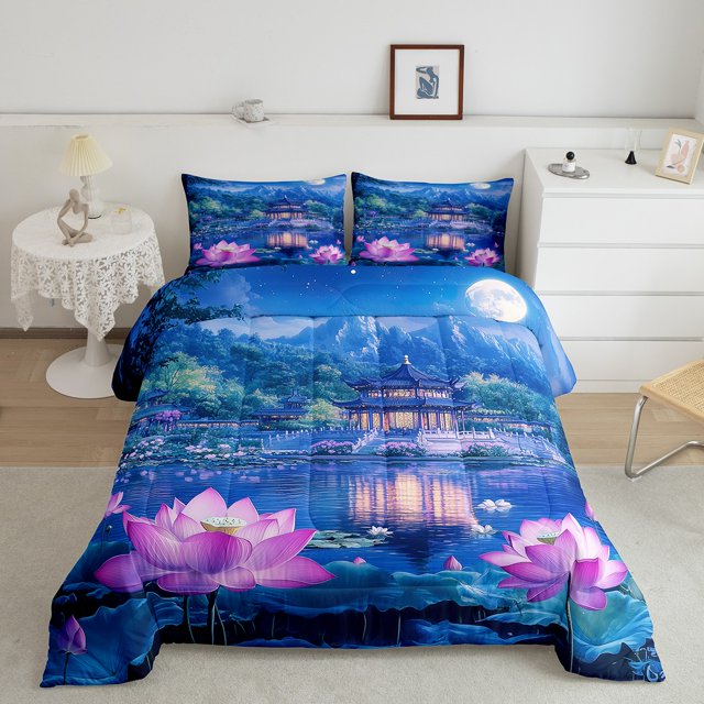 Erosebridal Pink Lotus Bedding Full Comforter Set, Lake Landscape Down Comforter, Japanses Style Decor, Reversible 3pcs