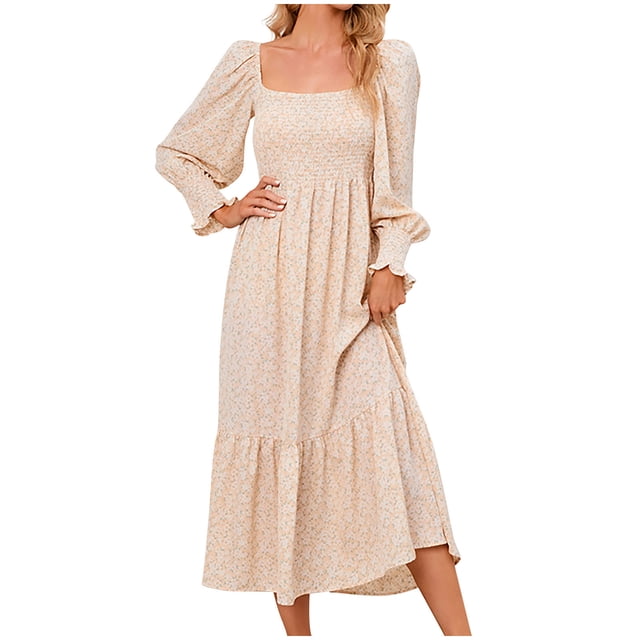 RKSTN Robe Maxi à Manches Longues pour Femmes, Encolure Carrée, Décontractée, Boutonnée, Bohème, Imprimé Floral, Automne, Longues Robes