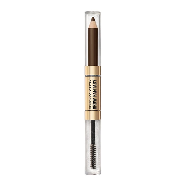 Revlon ColorStay Brow Fantasy™, all in one eyebrow powder pencil with shaping clear gel, upright with a brown powder pencil tip and clear gel spoolie brush, featuring a gold band with black text, ideal for filling and setting brows with 16-hour wear.