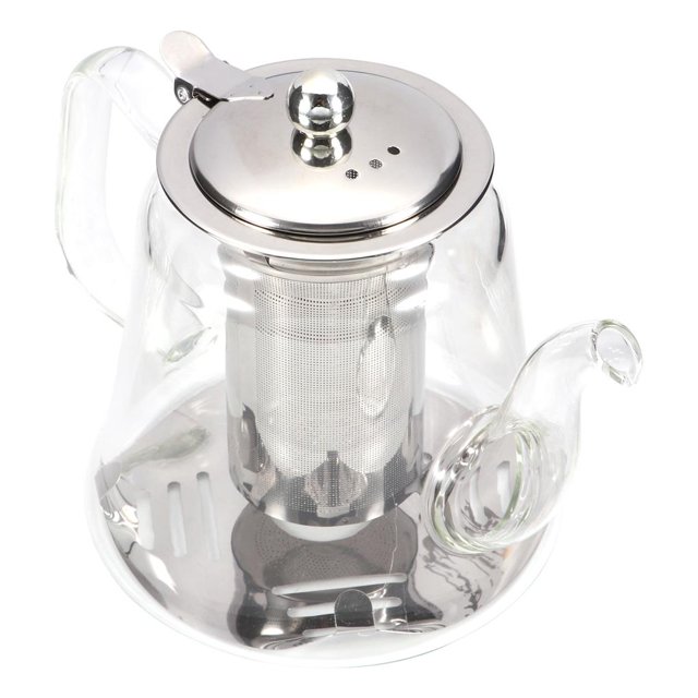 outdoorline Théière en Verre Borosilicaté Transparent de 1200 ml avec Infuseur pour Résidus de Thé. Cette Théière Présente un Corps en Verre Borosilicaté Haute Résistance avec un Filtre Cylindrique en Acier Inoxydable pour Séparer les Feuilles de Thé, Assurant une Expérience de Thé pure. Elle Comprend un Couvercle à Levier Anti-Poussière, une Poignée Confortable en Acier Inoxydable et un Bec pour un Versement Facile. la Théière Est Résistante à la Chaleur et Convient au Chauffage direct sur les Flammes Nues. Capacité: 1200 ml, dimensions : 14x14x15 cm.