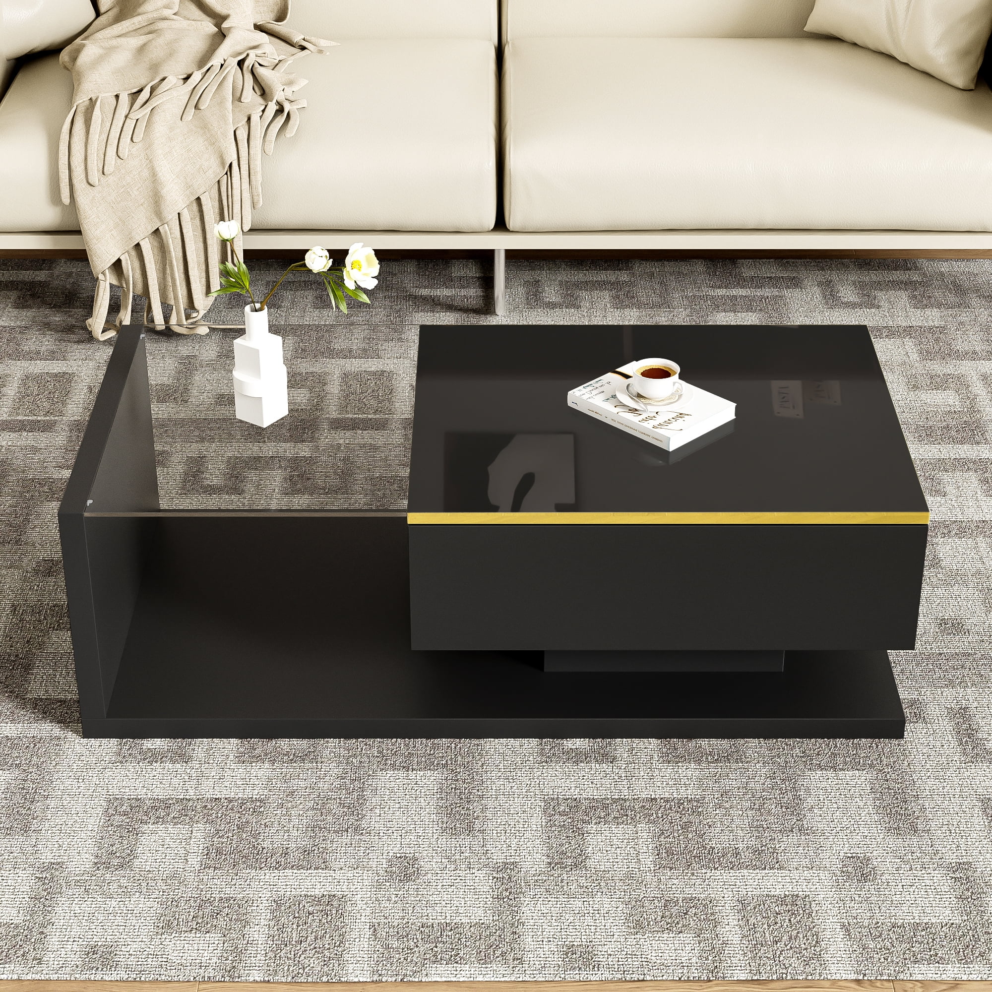 Noble House 39.4" High-Gloss Black Coffee Table, Tempered Glass with Dimmable LED, Storage Compartment & Open Shelves,Black