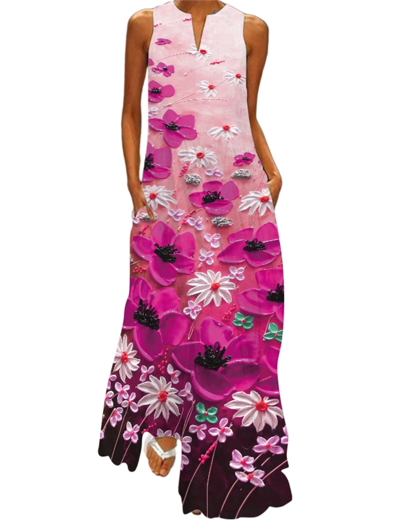 Innerwin Longues Robes Maxi à Imprimé Floral pour Femmes, Robe d'Été de Plage, Vacances, Sans Manches, Robe Débardeur Hawaïenne Style E L