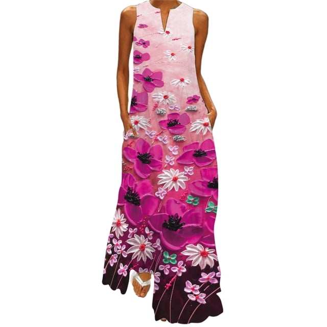 Bellella Robe Longue Maxi pour Femmes de style Débardeur Sans Manches avec Décolleté en V Profond, Présentant un Imprimé floral vibrant dans des Nuances de Rose, Blanc et Vert. Cette Robe d'Été de Plage d'Inspiration Bohème, Fabriquée à Partir de 100 % polyester Léger, Est Parfaite pour un style Décontracté, une Fête Ou des Vacances. la Robe Comprend des Poches et un Ourlet Fluide pour Plus de Confort et d'Élégance.