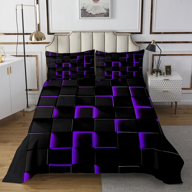 Erosebridal Neon Geometry Coverlet Set King,Stereoscopic Gradient Plaid Bedding Set,Kids Room Decorative,Ultra Soft,3 Pieces