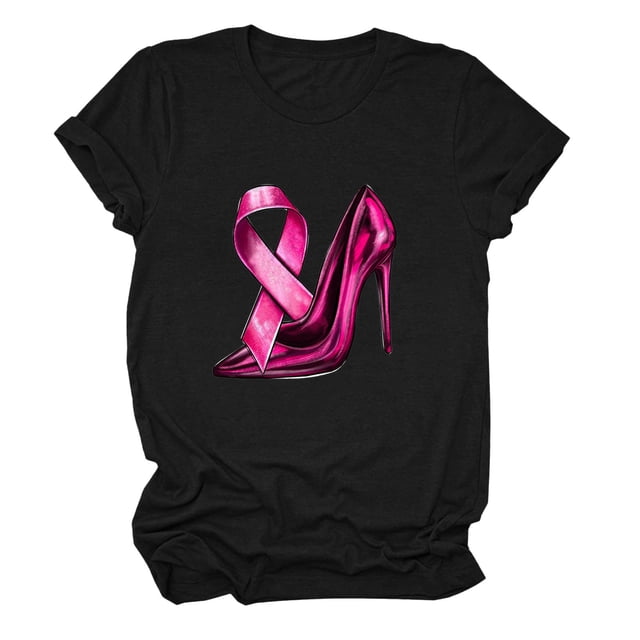 JIRNDf T-Shirt pour Femmes, Mode Estivale Tendance, Manches Courtes, Col Rond, Imprimé Cancer du Sein, Ample, Mignon, Graphique, Noir TG