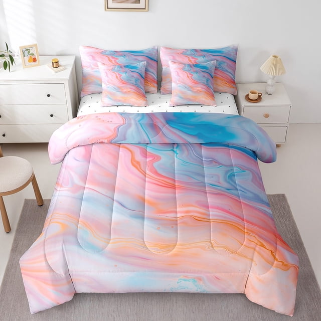YST Rainbow Gradient 7-Piece Bedding Set, Blue Marble Full Bedding Sets, Pink Blue Galaxy Comforter Set, 7pcs