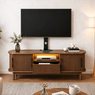 DEXTRUS 59" TV Stand with Mount for 32-75" TVs, Fluted Entertainment Center with Power Outlets, Height Adjustable TV Console for Living Room, Walnut