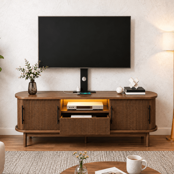 DEXTRUS Meuble Télé de 59 Pouces avec Support pour Téléviseurs de 32 à 75 Pouces, Centre de Divertissement Cannelé avec Prises de Courant, Console Télé à Hauteur Réglable pour Salon, Noyer