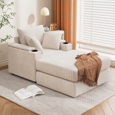 AECOJOY Oversized Chaise Lounge Chair with Storage Ottoman, Terry Cloth with Cup Holder, Side Pockets and Pillow, Beige