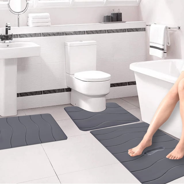 Fridja 3pcs Bathroom Rugs Bath Mat Toilet Mats Soft Comfortable Non-Slip Bathroom Rug Set Bath Mats for Bathroom Machine Washable Bath Mat Bathroom Rug Sets, Dark Gray