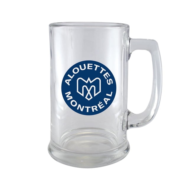 Officiellement Licencié CFL Pichet à Bière de 15 Oz MONTREAL ALLOUETTES Pichet à Bière en Verre Transparent avec base Robuste et Grande Poignée, Présentant le logo des MONTREAL Alouettes en Bleu et Blanc, Convient à la Bière, au soda Ou au Thé Glacé.