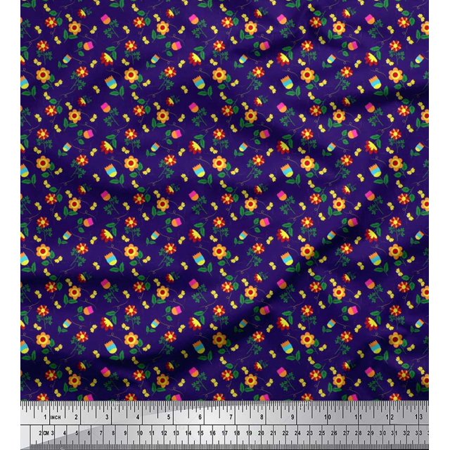 Soimoi Blue Georgette Viscose Fabric Leaves,Insect & Floral Artistic Print Sewing Fabric BTY 42 Inch Wide