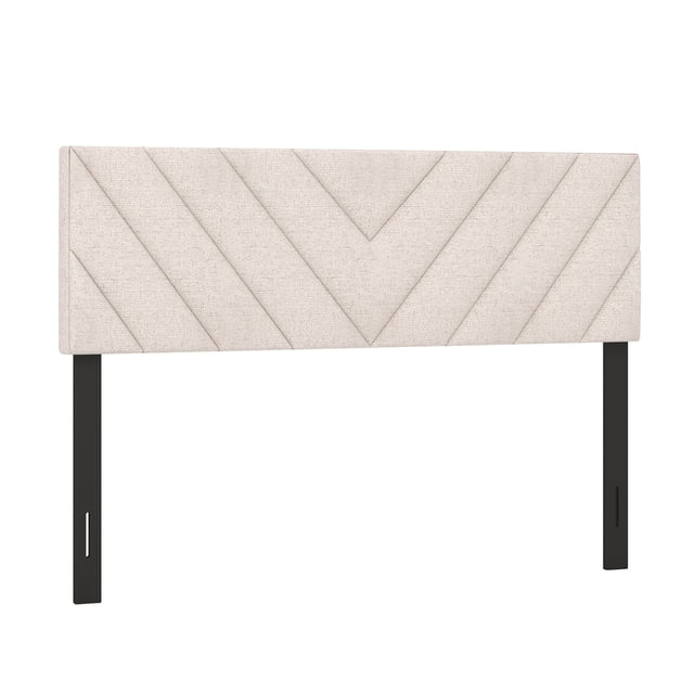 Gymax Linen Fabric Upholstered Headboard with a rectangular design and solid wood legs. The beige headboard features a modern striped pattern and is upholstered in breathable linen fabric with high-density sponge filling for comfort. It includes adjustable width options to fit full or queen-size bed frames, with pre-drilled holes for easy assembly. The sturdy construction uses MDF and rubber wood for durability.