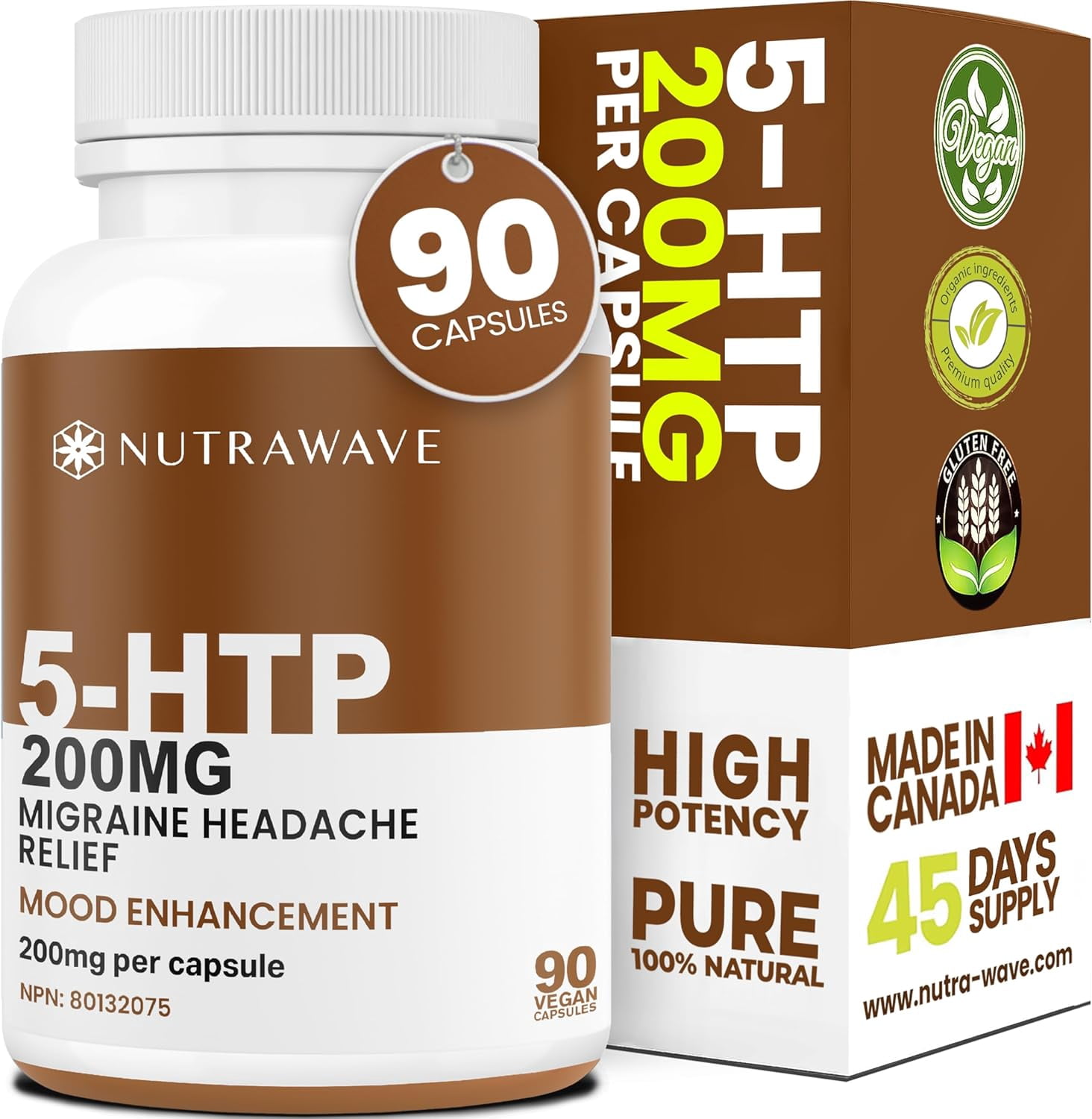 Nutrawave 5-HTP 200 mg – Mood & Relaxation Support, Sleep Support Supplement, 90 Vegan Capsules, Non-GMO, Gluten-Free, Made in Canada