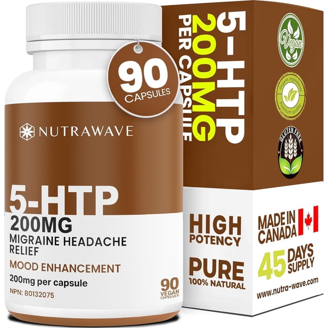 Nutrawave 5-HTP 200 mg – Mood & Relaxation Support, Sleep Support Supplement, 90 Vegan Capsules, Non-GMO, Gluten-Free, Made in Canada