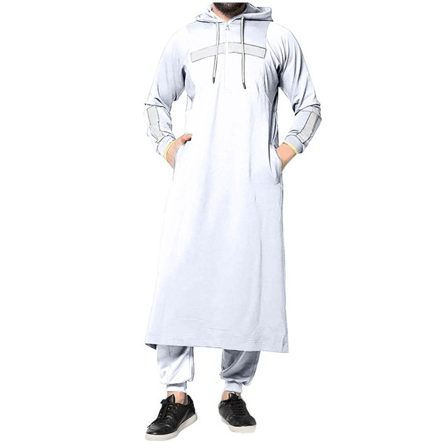 RKSTN Jackets for Men Fall Fashion New Long Sleeved Hooded Drawstring Long Hoodie Retro Striped Pocket Robe. The image shows a men's long hooded robe-style jacket in a light color, featuring a drawstring hood, long sleeves, and retro striped accents. The jacket includes multiple pockets for convenience and is made of lightweight, breathable polyester with a soft fleece lining for warmth. Suitable for various occasions such as outdoor activities, travel, casual wear, or as religious vestments.