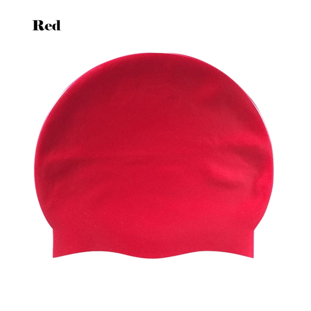 Agiferg Adult Universal Pure Silicone Ear Protection Swimming Cap in a vibrant red color. Made from advanced silicone, this swim cap is non-slip, water-tight, and designed for comfort with a 3D ergonomic fit. Features a large ear protection pocket to shield ears from water, sand, and bacteria, and a thicker curved edge to keep hair dry. Suitable for adults with long or short hair.
