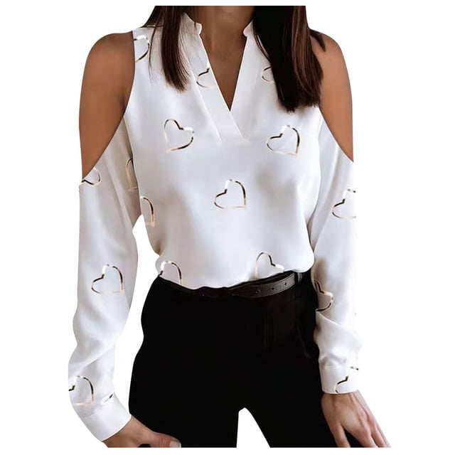 Womens Tops Long Sleeve Womens V Neck Pullover Off the Shoulder Printing Long Sleeve Tops
