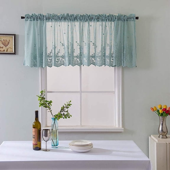 Lucoss Blue Lace Short Curtain for Kitchen Window Jacquard Floral Sheer Curtain Valance for Small Window Rod Pocket Top Tulle 1 Piece