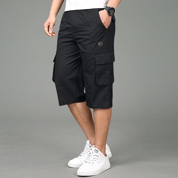 Men's Casual Twill Elastic Cargo Shorts Below Knee Loose Fit Multi-Pockets Capri Long Shorts